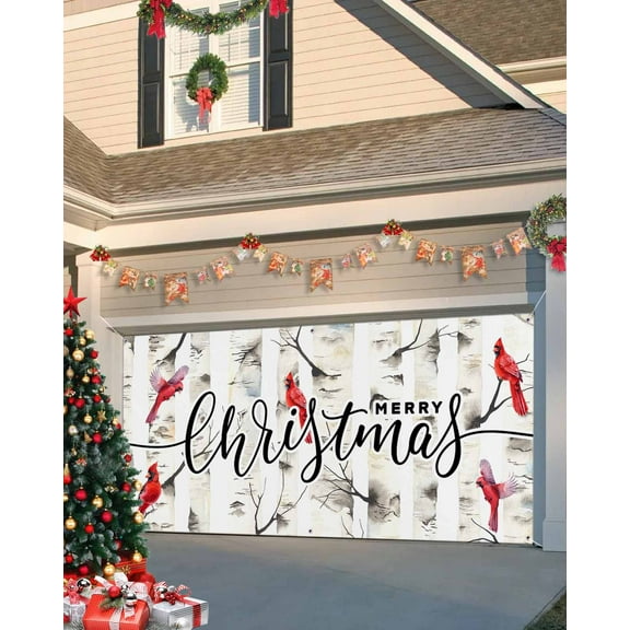 Garage Door Banner Cover 7 x 8 ft, Cardinal Bird Birch Forest Christmas Garage Door Decorations Holiday Christmas Backdrop Decor for Winter New Year Xmas Party