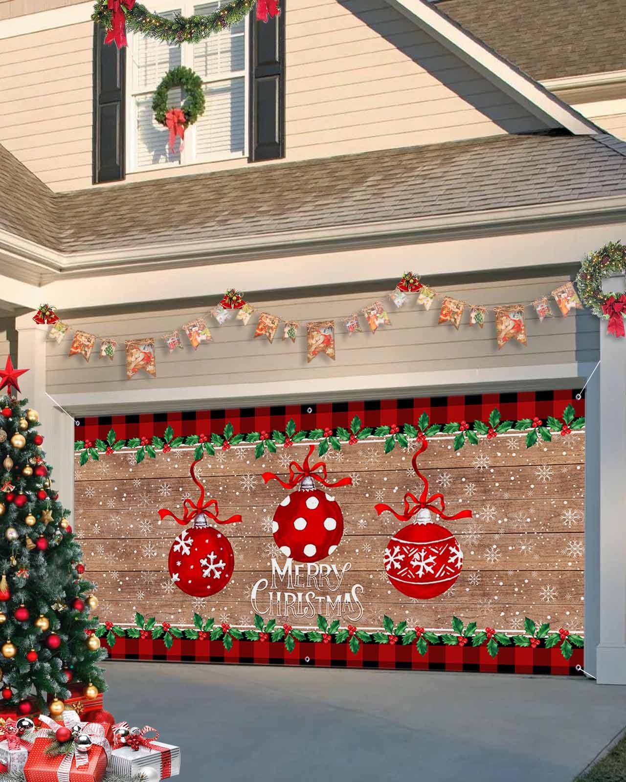Garage Door Banner Cover 7 x 8 ft, Christmas Ball Snow Red Buffalo