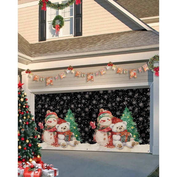 Garage Door Banner Cover 7 x 8 ft, Christmas Bear Snowman Gifts Xmas Tree Black Retro Linen Christmas Garage Door Decorations Holiday Christmas Backdrop Decor for Winter New Year Xmas Party