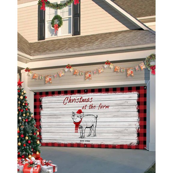 Garage Door Banner Cover 7 x 8 ft, Christmas at the Farm Pig Red and Black Buffalo Check Christmas Garage Door Decorations Holiday Christmas Backdrop Decor for Winter New Year Xmas Party