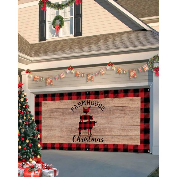 Garage Door Banner Cover 7 x 8 ft, Christmas Farmhouse Animal Cow Pig Cock Christmas Garage Door Decorations Holiday Christmas Backdrop Decor for Winter New Year Xmas Party