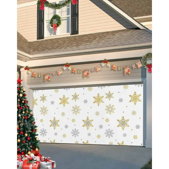 Garage Door Banner Cover 7 x 8 ft, Christmas Gold and Grey Snowflake White Christmas Garage Door Decorations Holiday Christmas Backdrop Decor for Winter New Year Xmas Party