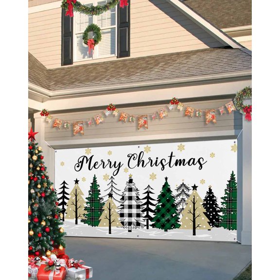 Garage Door Banner Cover 7 x 8 ft, Christmas Golden Snowflake Xmas Tree Christmas Garage Door Decorations Holiday Christmas Backdrop Decor for Winter New Year Xmas Party