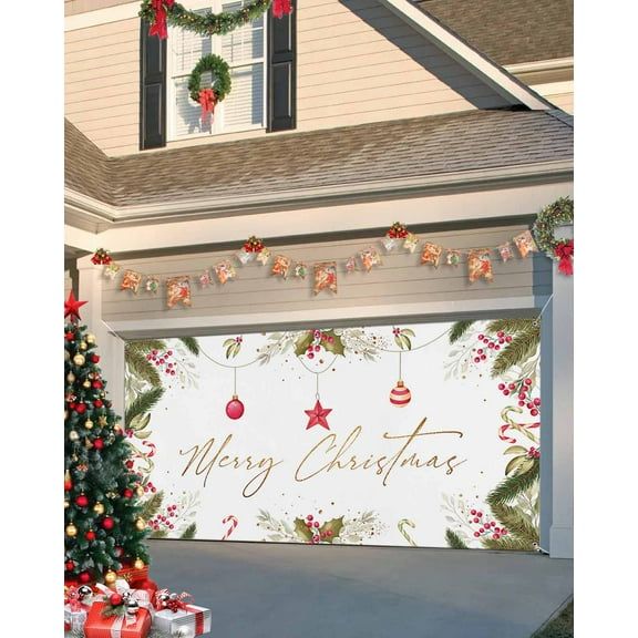 Garage Door Banner Cover 7 x 8 ft, Christmas Leaves Pentagram Christmas Garage Door Decorations Holiday Christmas Backdrop Decor for Winter New Year Xmas Party
