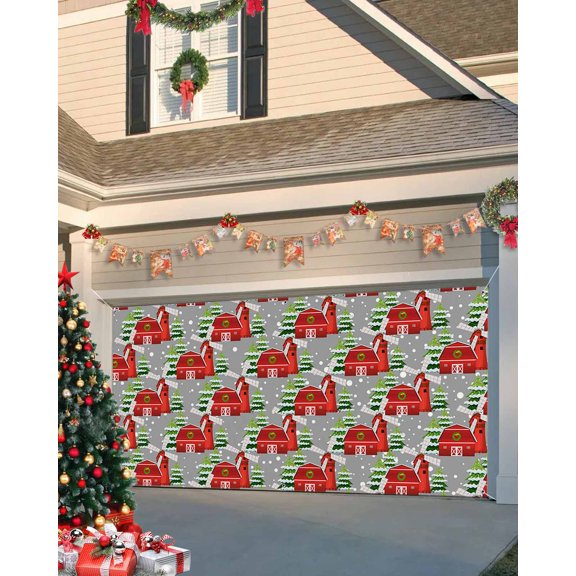 Garage Door Banner Cover 7 x 8 ft, Christmas Red Farmhouse and Barn with Pine Trees Christmas Garage Door Decorations Holiday Christmas Backdrop Decor for Winter New Year Xmas Party