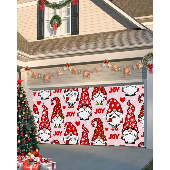 Garage Door Banner Cover 7 x 8 ft, Christmas Red Gnome and Heart in Pick Background Christmas Garage Door Decorations Holiday Christmas Backdrop Decor for Winter New Year Xmas Party