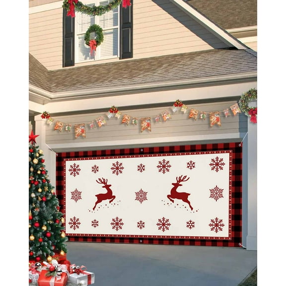 Garage Door Banner Cover 7 x 8 ft, Christmas Reindeer Snowflake Red Plaid Christmas Garage Door Decorations Holiday Christmas Backdrop Decor for Winter New Year Xmas Party