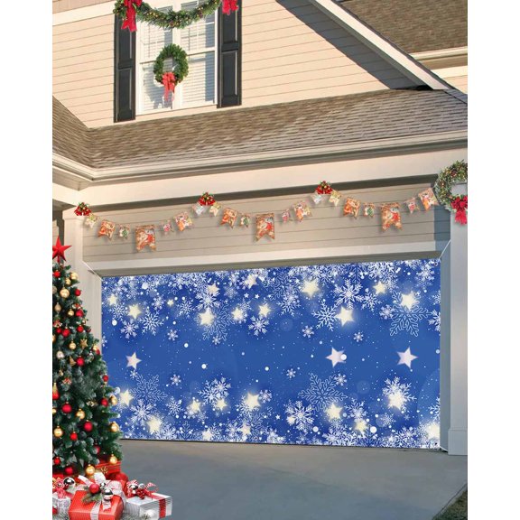 Garage Door Banner Cover 7 x 8 ft, Christmas Snowflake Blue Background Christmas Garage Door Decorations Holiday Christmas Backdrop Decor for Winter New Year Xmas Party