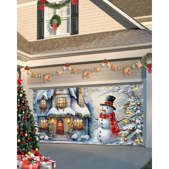 Garage Door Banner Cover 7 x 8 ft, Christmas Snowman Candy House Christmas Garage Door Decorations Holiday Christmas Backdrop Decor for Winter New Year Xmas Party