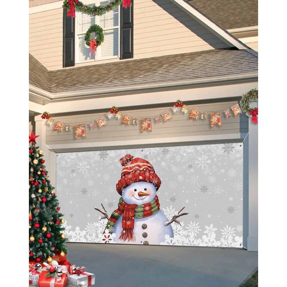 Garage Door Banner Cover 7 x 8 ft, Christmas Snowman with Cap Xmas Tree Snowflake Grey Christmas Garage Door Decorations Holiday Christmas Backdrop Decor for Winter New Year Xmas Party