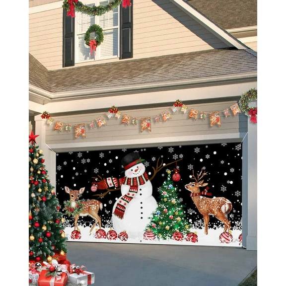 Garage Door Banner Cover 7 x 8 ft, Christmas Snowman Elk Xmas Tree Ball Snowflake Black Christmas Garage Door Decorations Holiday Christmas Backdrop Decor for Winter New Year Xmas Party