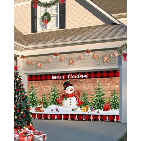 Garage Door Banner Cover 7 x 8 ft, Christmas Snowman Evergreen Elk Wood Grain Red Black Plaid Christmas Garage Door Decorations Holiday Christmas Backdrop Decor for Winter New Year Xmas Party