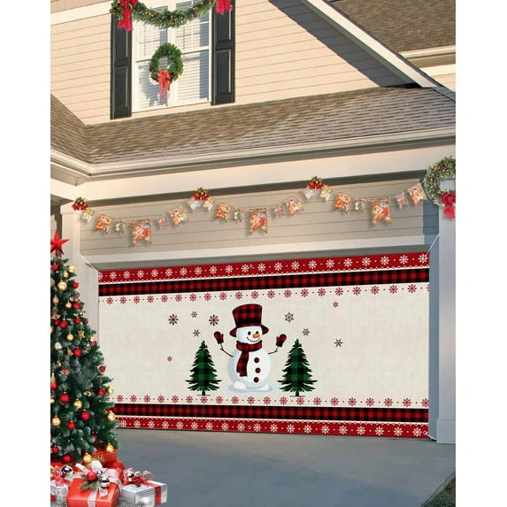 Garage Door Banner Cover 7 x 8 ft, Christmas Snowman Snowflake Red and Black Buffalo Plaid Christmas Garage Door Decorations Holiday Christmas Backdrop Decor for Winter New Year Xmas Party