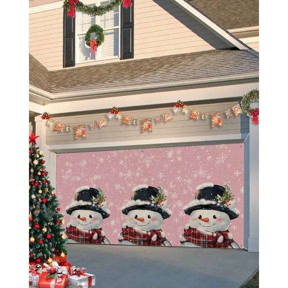 Garage Door Banner Cover 7 x 8 ft, Christmas Snowman Winter Snowflake Pink Christmas Garage Door Decorations Holiday Christmas Backdrop Decor for Winter New Year Xmas Party