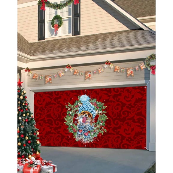 Garage Door Banner Cover 7 x 8 ft, Christmas Watercolor Cute Fox with Red Berries Wreath Christmas Garage Door Decorations Holiday Christmas Backdrop Decor for Winter New Year Xmas Party