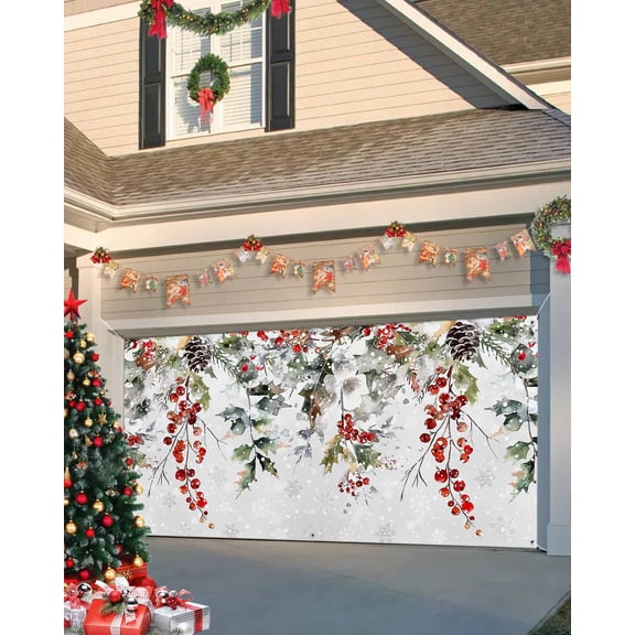 Garage Door Banner Cover 7 x 8 ft, Christmas Winter Pine Leaves Pine Cones Berries Snowflakes Christmas Garage Door Decorations Holiday Christmas Backdrop Decor for Winter New Year Xmas Party