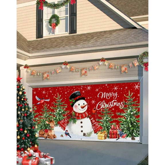 Garage Door Banner Cover 7 x 8 ft, Christmas Winter Snowman Snowflakes Christmas Tree Elk Red Christmas Garage Door Decorations Holiday Christmas Backdrop Decor for Winter New Year Xmas Party