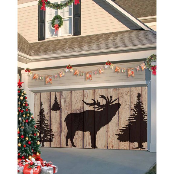 Garage Door Banner Cover 7 x 8 ft, Chritmas Elk Tree Shadow on Wood Board Christmas Garage Door Decorations Holiday Christmas Backdrop Decor for Winter New Year Xmas Party