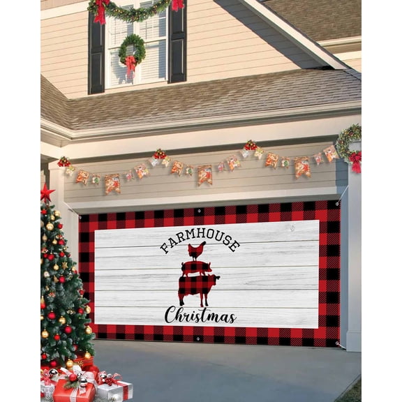 Garage Door Banner Cover 7 x 8 ft, Farmhouse Christmas Pig Cock Cow Buffalo Plaid Christmas Garage Door Decorations Holiday Christmas Backdrop Decor for Winter New Year Xmas Party