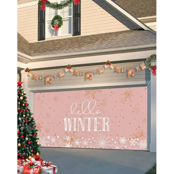 Garage Door Banner Cover 7 x 8 ft, Hello Winter Christmas Snowflake Pink Christmas Garage Door Decorations Holiday Christmas Backdrop Decor for Winter New Year Xmas Party