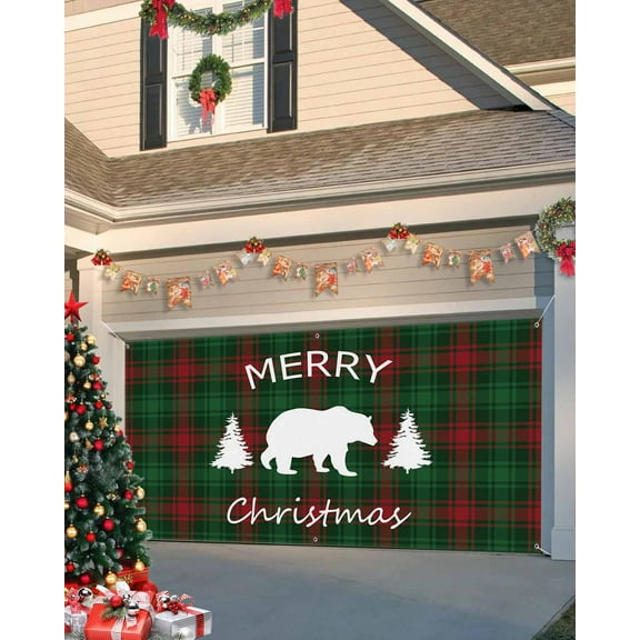 Garage Door Banner Cover 7 x 8 ft, Merry Christmas Bear and Tree Red Green Buffalo Plaid Christmas Garage Door Decorations Holiday Christmas Backdrop Decor for Winter New Year Xmas Party