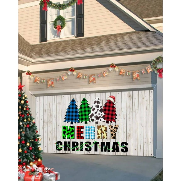 Garage Door Banner Cover 7 x 8 ft, Merry Christmas Buffalo Plaid Leopard Xmas Trees Wood Grain Christmas Garage Door Decorations Holiday Christmas Backdrop Decor for Winter New Year Xmas Party