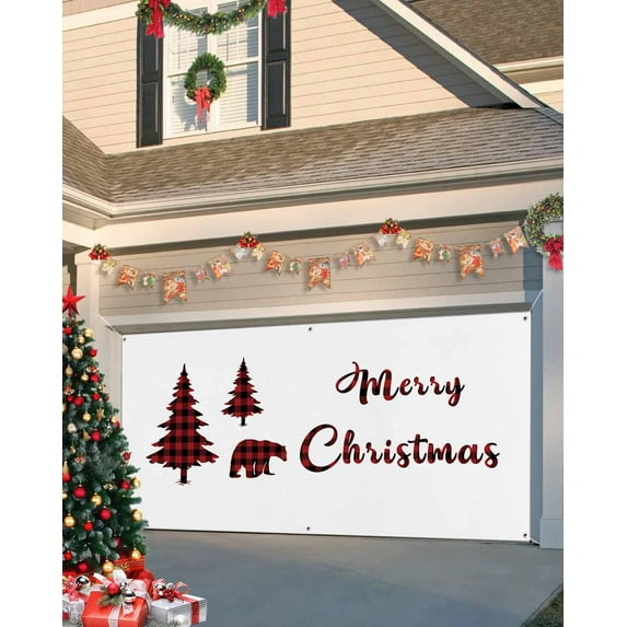 Garage Door Banner Cover 7 x 8 ft, Merry Christmas Christmas Tree Bear,Buffalo Plaid Red Black Christmas Garage Door Decorations Holiday Christmas Backdrop Decor for Winter New Year Xmas Party