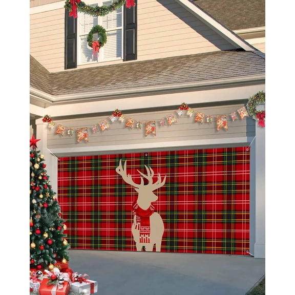 Garage Door Banner Cover 7 x 8 ft, Merry Christmas Deer Check Plaid Green and Red Christmas Garage Door Decorations Holiday Christmas Backdrop Decor for Winter New Year Xmas Party