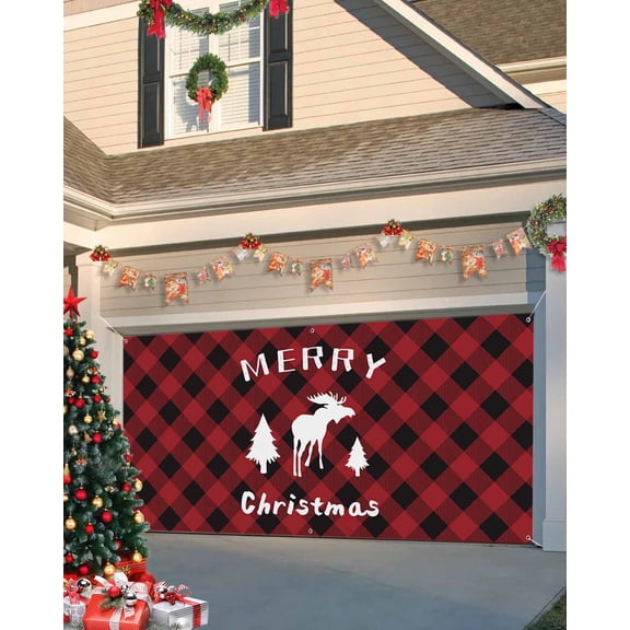 Garage Door Banner Cover 7 x 8 ft, Merry Christmas Elk Red Black Buffalo Check Christmas Garage Door Decorations Holiday Christmas Backdrop Decor for Winter New Year Xmas Party
