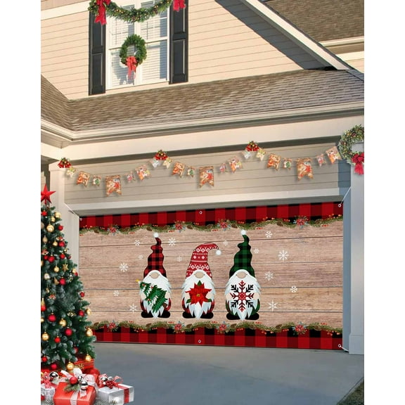 Garage Door Banner Cover 7 x 8 ft, Merry Christmas Elves Cute Gnome Rustic Wooden Planks Christmas Garage Door Decorations Holiday Christmas Backdrop Decor for Winter New Year Xmas Party