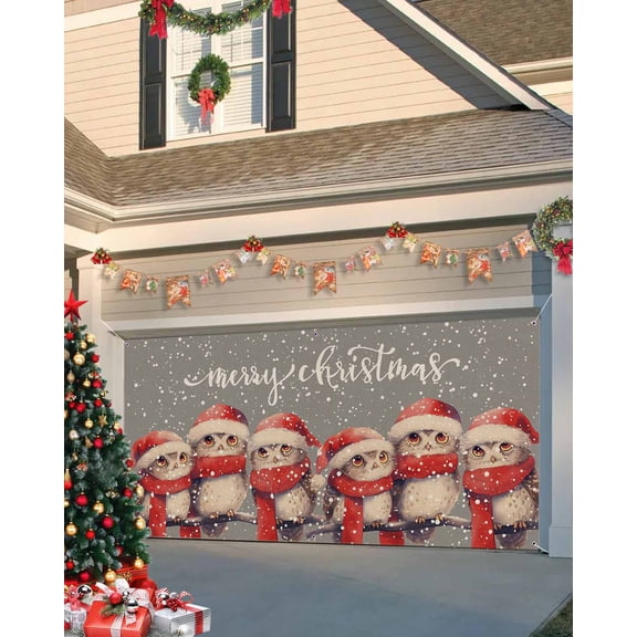 Garage Door Banner Cover 7 x 8 ft, Merry Christmas Red Cap Scarf Owl Snow Day Grey Retro Linen Christmas Garage Door Decorations Holiday Christmas Backdrop Decor for Winter New Year Xmas Party