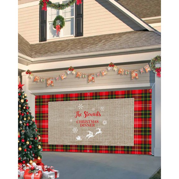 Garage Door Banner Cover 7 x 8 ft, Merry Christmas Rustic Red and Green Buffalo Check Plaid Border Christmas Garage Door Decorations Holiday Christmas Backdrop Decor for Winter New Year Xmas Party