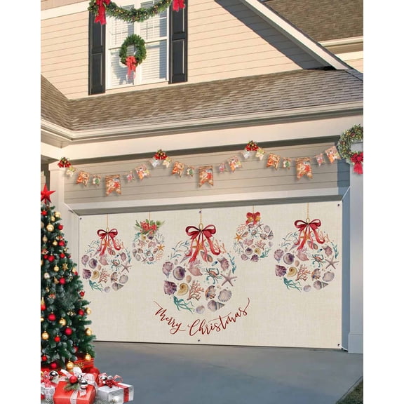 Garage Door Banner Cover 7 x 8 ft, Merry Christmas Seashell Starfish Conch Xmas Bell Linen Christmas Garage Door Decorations Holiday Christmas Backdrop Decor for Winter New Year Xmas Party