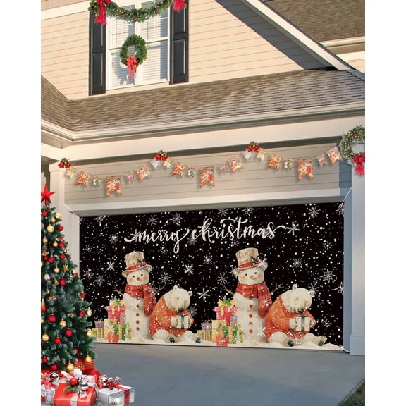 Garage Door Banner Cover 7 x 8 ft, Merry Christmas Snowman Bear with Gifts Black Retro Linen Christmas Garage Door Decorations Holiday Christmas Backdrop Decor for Winter New Year Xmas Party