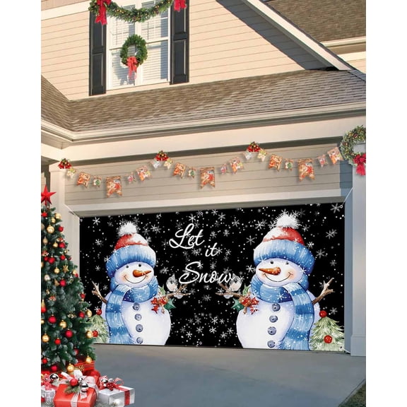 Garage Door Banner Cover 7 x 8 ft, Merry Christmas Snowman with Robin Black Christmas Garage Door Decorations Holiday Christmas Backdrop Decor for Winter New Year Xmas Party