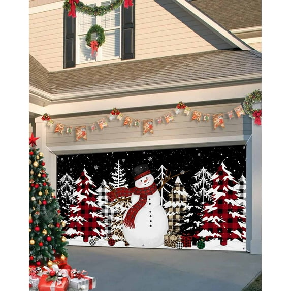 Garage Door Banner Cover 7 x 8 ft, Merry Christmas Snowman Xmas Tree Black Background Christmas Garage Door Decorations Holiday Christmas Backdrop Decor for Winter New Year Xmas Party