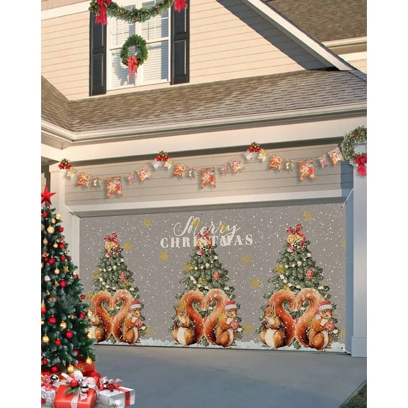 Garage Door Banner Cover 7 x 8 ft, Merry Christmas Squirrel Xmas Tree Snowflake Linen Grey Christmas Garage Door Decorations Holiday Christmas Backdrop Decor for Winter New Year Xmas Party
