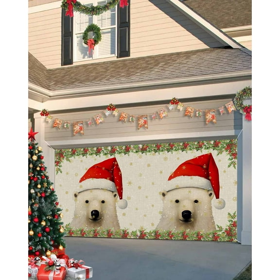 Garage Door Banner Cover 7 x 8 ft, Merry Christmas White Bear with Red Hat Christmas Garage Door Decorations Holiday Christmas Backdrop Decor for Winter New Year Xmas Party