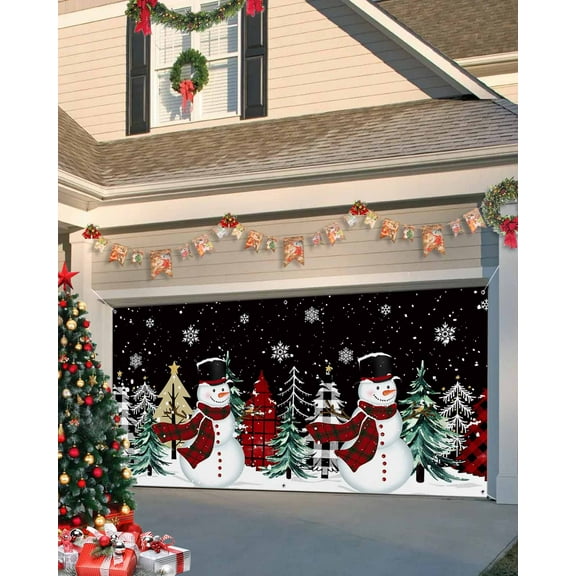 Garage Door Banner Cover 7 x 8 ft, Winter Christmas Snowman Snowflake Elf Christmas Garage Door Decorations Holiday Christmas Backdrop Decor for Winter New Year Xmas Party