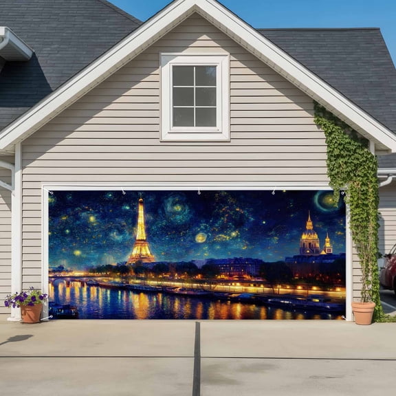 Garage Door Banner Eiffel Tower River Starry Sky Garage Door Banner Cover for Outdoor Indoor, Romantic City Lights Large Backdrop Banners 6.9x16ft