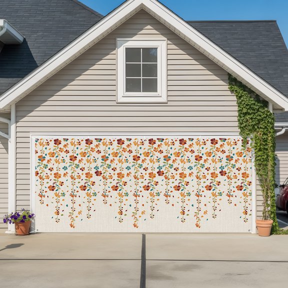 Garage Door Banner Fall Farmhouse Blooming Flower Vine Garage Door Banner Cover for Outdoor Indoor, Retro Linen Burlap Large Backdrop Banners 6.9x16ft