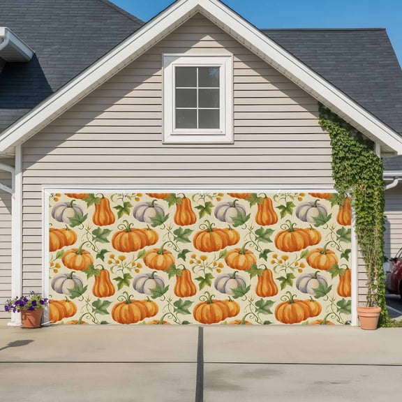 Garage Door Banner Fall Thanksgiving Orange Pumpkin Leaves Vine Garage Door Banner Cover for Outdoor Indoor, Retro Linen Large Backdrop Banners 6.9x16ft