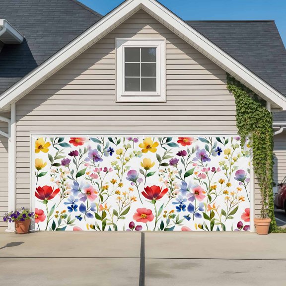 Garage Door Banner Farm Country Spring Colorful Flower Garage Door Banner Cover for Outdoor Indoor, Watercolor Botanical Large Backdrop Banners 6.9x16ft