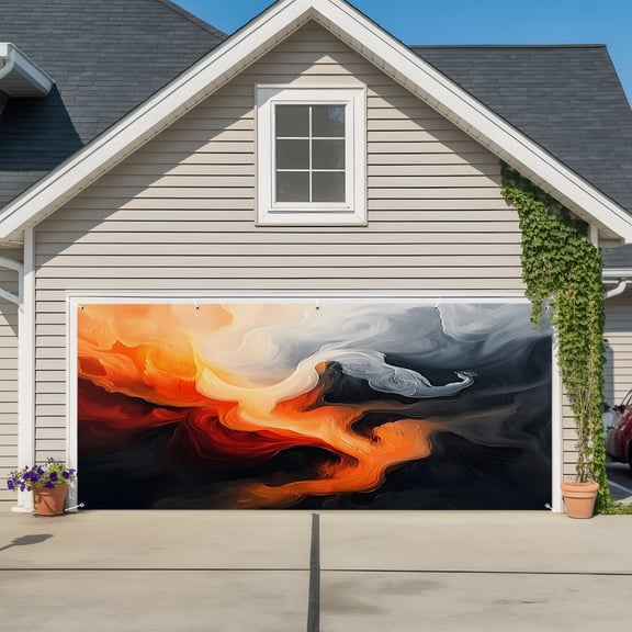 Garage Door Banner Flame Abstract Art Orange Gradient Garage Door Banner Cover for Outdoor Indoor, Modern Psychedelic Style Large Backdrop Banners 6.9x16ft