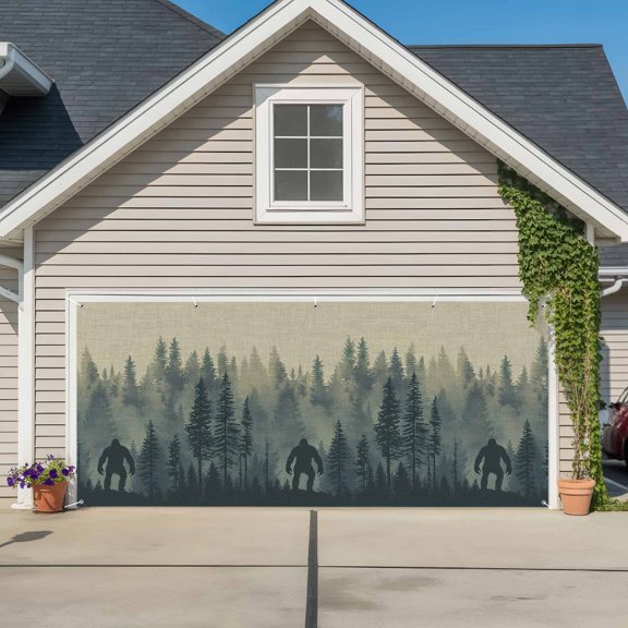 Garage Door Banner Forest Gorilla Wild Animal Trees Silhouette Garage Door Banner Cover for Outdoor Indoor, Vintage Linen Large Backdrop Banners 6.9x16ft
