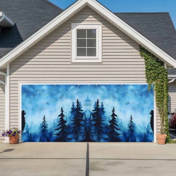 Garage Door Banner Forest Wolf Tree Silhouette Garage Door Banner Cover for Outdoor Indoor, Starry Night Animal Plant Large Backdrop Banners 6.9x16ft