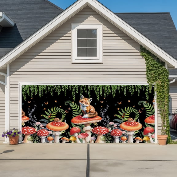 Garage Door Banner Fox on Mushroom Garage Door Banner Cover for Outdoor Indoor, Country Eucalyptus Leaf on Black Large Backdrop Banners 6.9x16ft