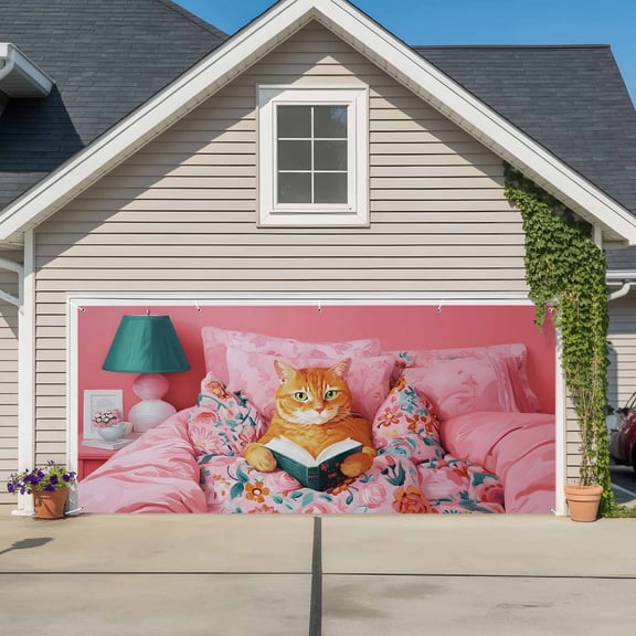 Garage Door Banner Funny Reading Ginger Cat Garage Door Banner Cover for Outdoor Indoor, Boho Animals Pink Flower Patterns Large Backdrop Banners 6.9x8ft
