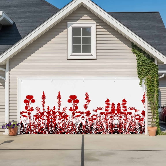 Garage Door Banner Gradient Red Black Wild Flower Garage Door Banner Cover for Outdoor Indoor, Country Herb Plant Large Backdrop Banners 6.9x16ft