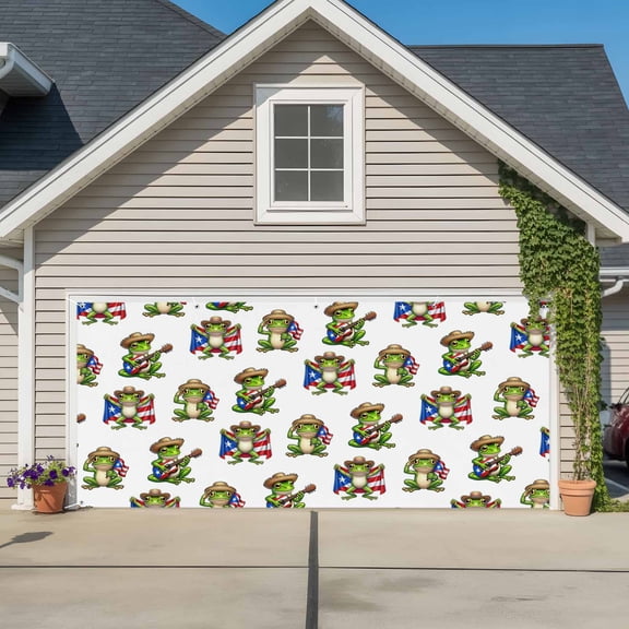 Garage Door Banner Green Frog Puerto Rico Flags Garage Door Banner Cover for Outdoor Indoor, Funny Animal Guitar Large Backdrop Banners 6.9x16ft